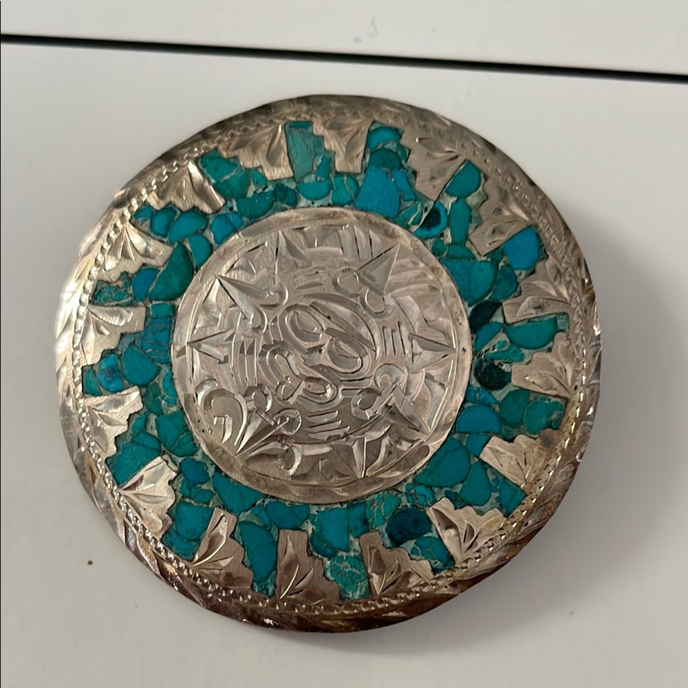 Intricate Silver and Turquoise Accents Brooch or pendant